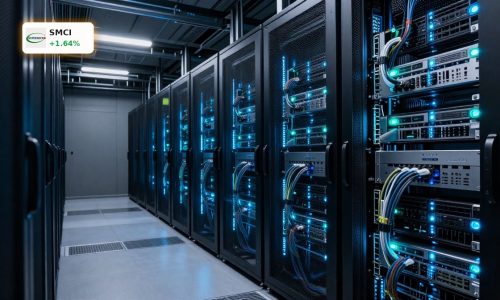 High-end AI server racks in a data center highlighting Super Micro Computer Forecast risks and growth.