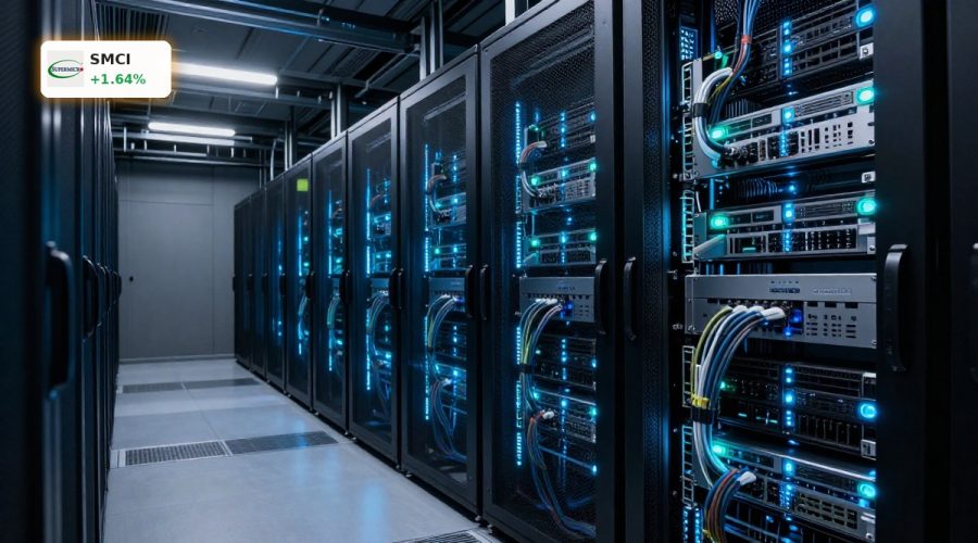 High-end AI server racks in a data center highlighting Super Micro Computer Forecast risks and growth.