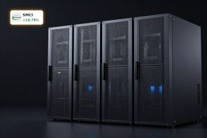 Super Micro Earnings optimism reflected by premium AI server racks in a dark data center