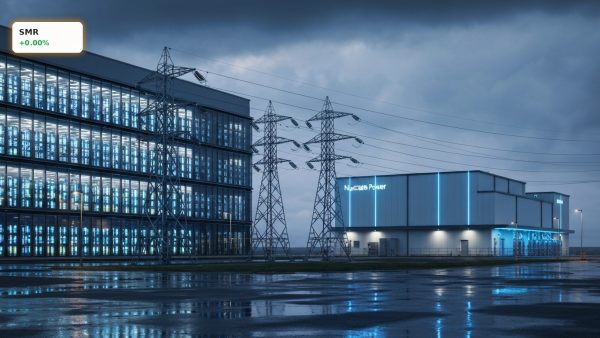 NuScale Power SMR facility powering a massive high-tech AI data center at night with clean nuclear energy.