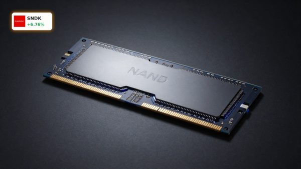 SanDisk AI Memory Boom highlighted by NAND flash chip and enterprise SSD in premium dark studio lighting