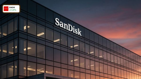 The SanDisk headquarters building glowing at dusk before the SanDisk Earnings release.