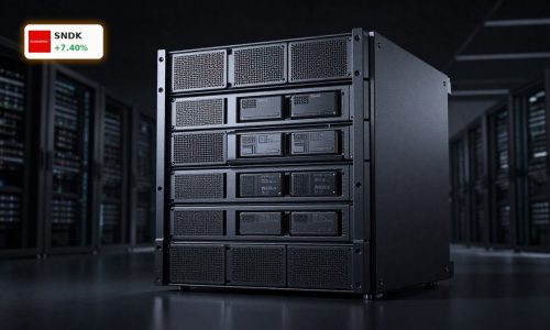 High-performance data center rack with SanDisk AI Infrastructure SSD storage for hyperscale AI workloads