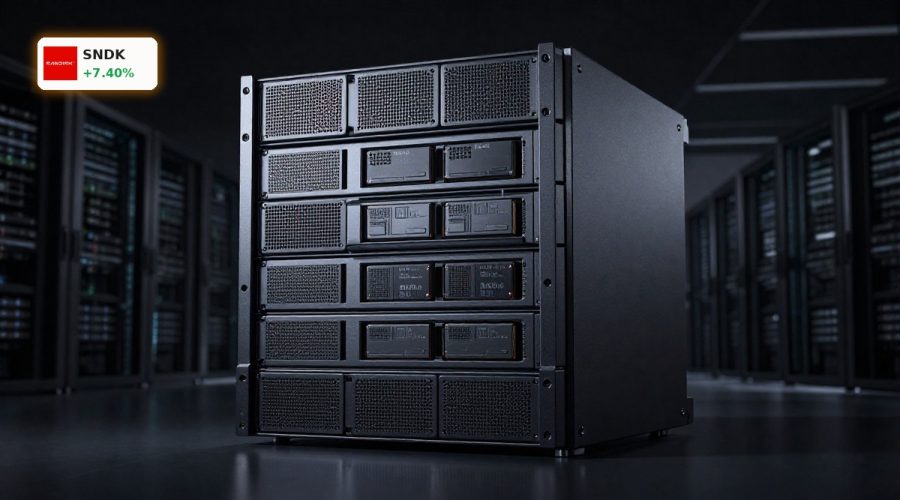 High-performance data center rack with SanDisk AI Infrastructure SSD storage for hyperscale AI workloads