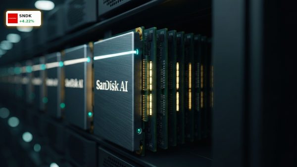 SanDisk AI enterprise SSDs glowing inside a high-tech data center server rack.