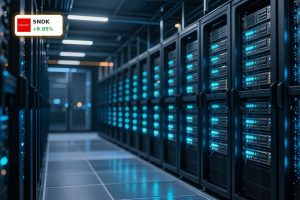 High-end AI data center with SSD racks illustrating bullish SanDisk Forecast and surging memory demand.