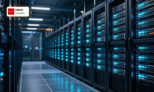 High-end AI data center with SSD racks illustrating bullish SanDisk Forecast and surging memory demand.