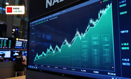 SanDisk NASDAQ-100 Inclusion visualized by a surging tech stock chart amid AI-driven market rally