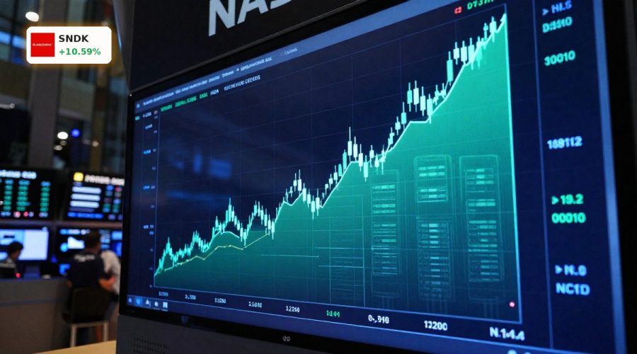 SanDisk NASDAQ-100 Inclusion visualized by a surging tech stock chart amid AI-driven market rally