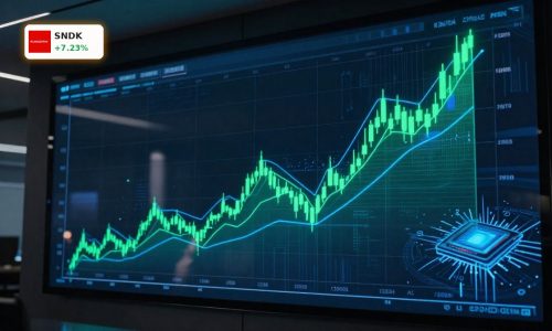 Bullish stock chart in a high-tech trading room illustrating SanDisk Forecast driven by AI demand.