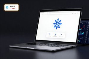 Snowflake Class Action concept with Snowflake data cloud platform on screens and stock volatility backdrop