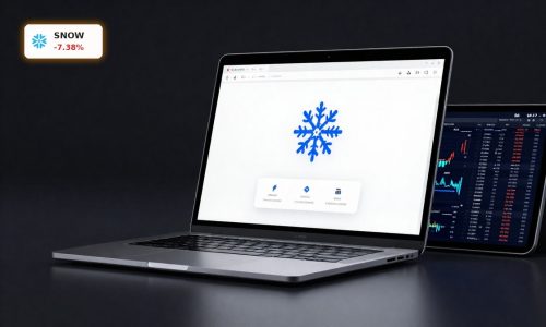 Snowflake Class Action concept with Snowflake data cloud platform on screens and stock volatility backdrop