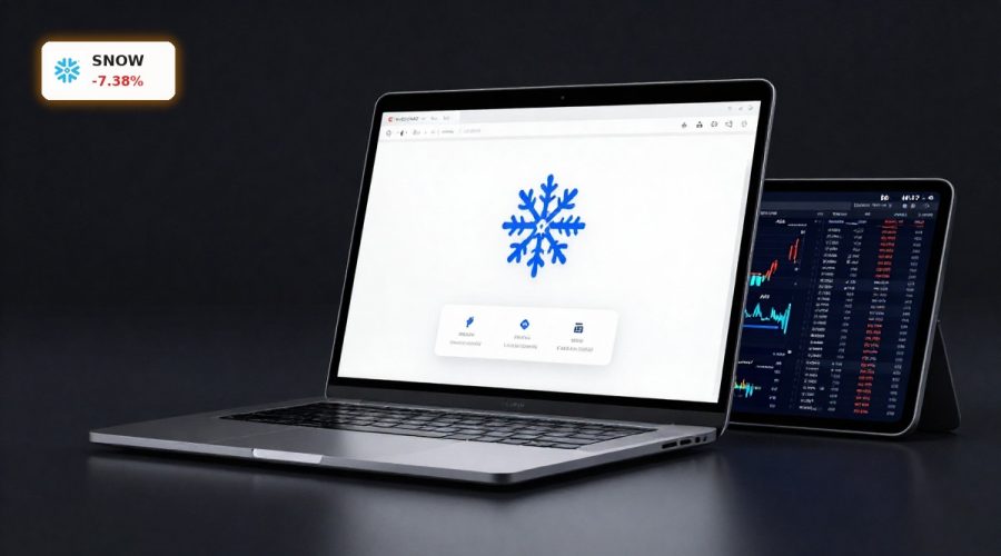 Snowflake Class Action concept with Snowflake data cloud platform on screens and stock volatility backdrop