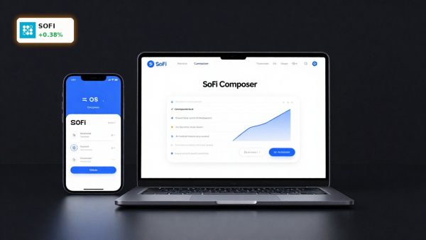 SoFi AI Platform Composer investing app on smartphone and laptop in premium fintech product scene