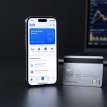 SoFi Earnings reaction symbolized by SoFi banking app and card against a dark market backdrop