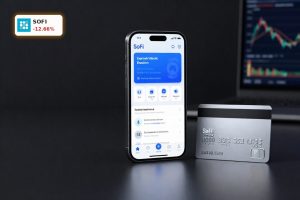 SoFi Earnings reaction symbolized by SoFi banking app and card against a dark market backdrop