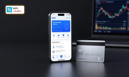 SoFi Earnings reaction symbolized by SoFi banking app and card against a dark market backdrop