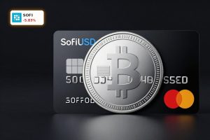 SoFi Stablecoin SoFiUSD token with payment card on dark background, highlighting bank-issued digital payments