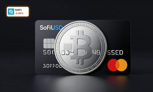SoFi Stablecoin SoFiUSD token with payment card on dark background, highlighting bank-issued digital payments