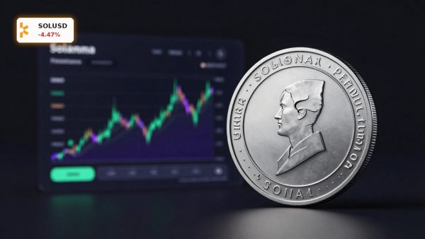 Solana Perpetuals concept with Solana token and trading interface on dark background