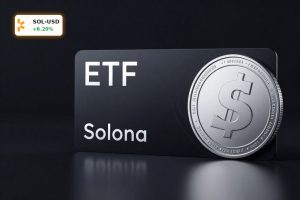 Solana ETF-Analyse with SOL coin and ETF product card in dramatic lighting