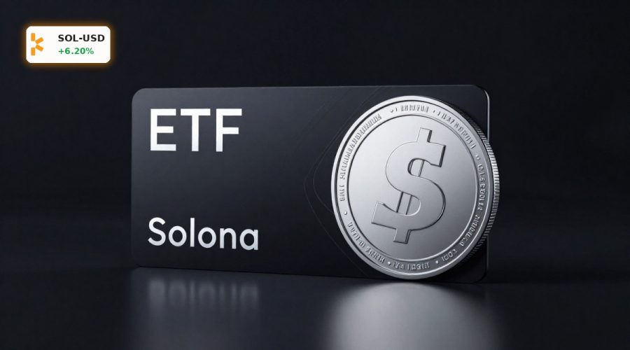 Solana ETF-Analyse with SOL coin and ETF product card in dramatic lighting