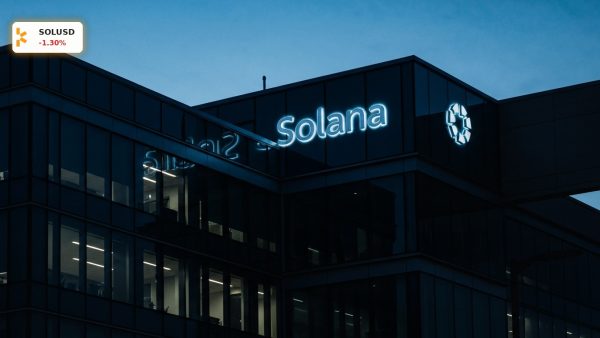 The glowing logo of the Solana Network on a modern glass corporate headquarters building at dusk.