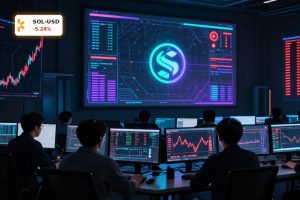 Solana DeFi Hack visual with security analysts watching a sharp SOL price drop on crypto trading screens