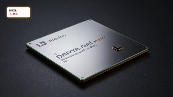 SOXL Plunge highlighted by semiconductor chip and silicon wafer on dark background, reflecting leveraged ETF risk