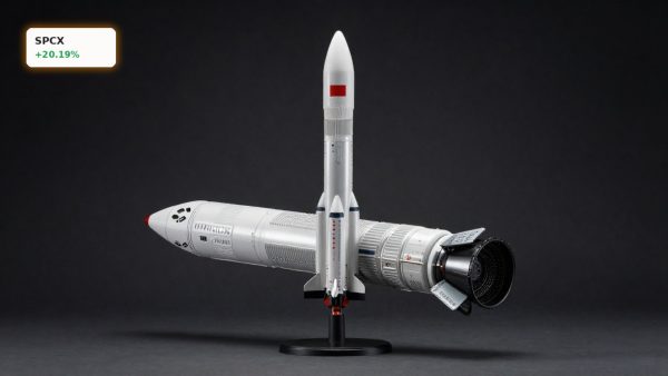 SpaceX IPO spotlight on Falcon 9 rocket and Starlink hardware against a dark premium background