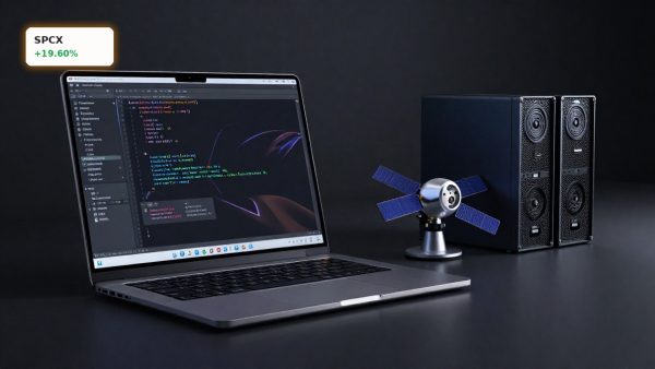SpaceX Acquisition concept with AI coding laptop, satellite model, and server hardware on dark background