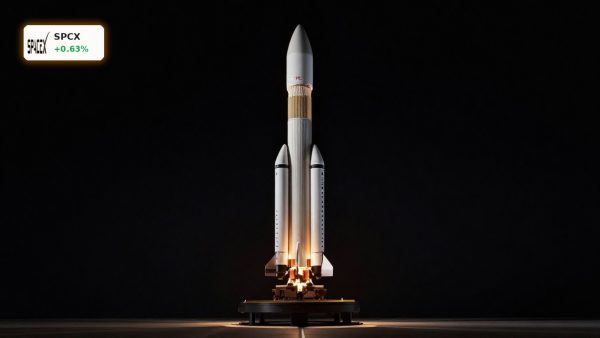 SpaceX Nasdaq-100 Inclusion with Falcon 9 rocket and Starlink satellite in premium dark product-style scene