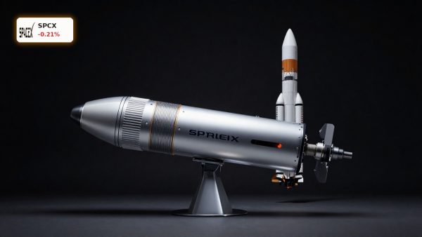 SpaceX Nasdaq 100 hero image with Starlink satellite and Falcon 9 hardware on dark background