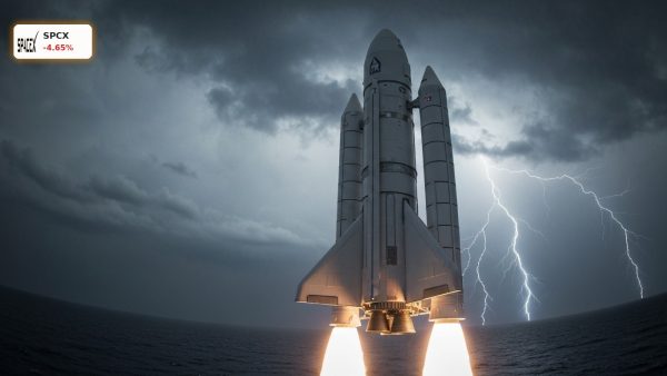 A dramatic rocket on a launchpad under stormy skies, symbolizing the volatile SpaceX IPO stock decline.