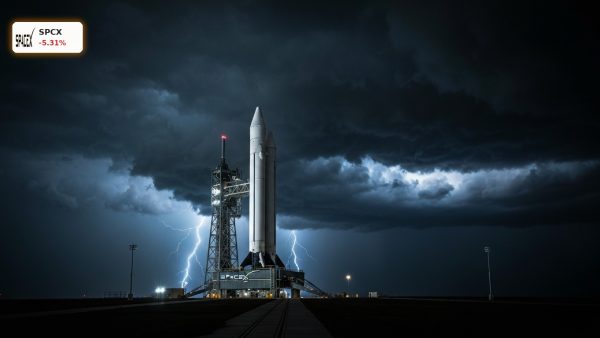 SpaceX rocket on a launchpad under stormy night skies, symbolizing the SpaceX Stock Drop.