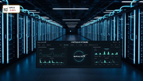 A high-tech AI data center server room representing SpaceX Earnings and massive capital expenditures.