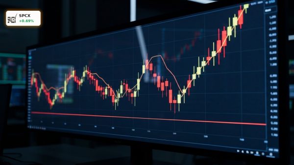 A glowing red stock market chart plunging downward, representing the SpaceX IPO valuation drop.