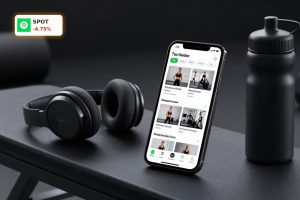 Spotify Fitness app with Peloton-style workouts on phone screen beside gym gear