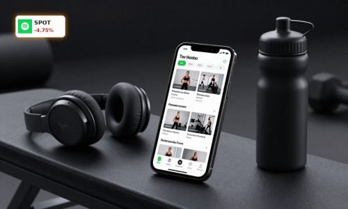 Spotify Fitness app with Peloton-style workouts on phone screen beside gym gear