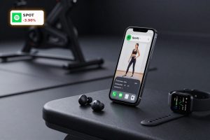 Spotify Fitness workout interface on smartphone with Peloton-style gear in premium gym setting