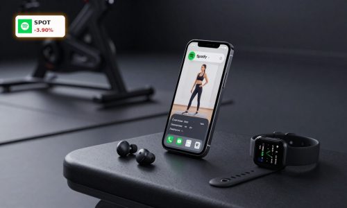 Spotify Fitness workout interface on smartphone with Peloton-style gear in premium gym setting