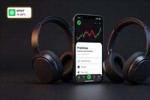 Spotify Earnings reaction visualized with premium phone and headphones hinting at volatile SPOT stock