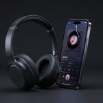 Spotify AI Strategy concept with premium headphones and smartphone for music streaming and personalized audio