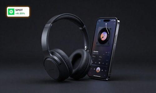 Spotify AI Strategy concept with premium headphones and smartphone for music streaming and personalized audio