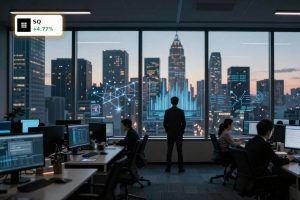 Block AI Restructuring concept with half-empty fintech office and tense staff after 40% job cuts