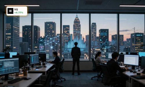 Block AI Restructuring concept with half-empty fintech office and tense staff after 40% job cuts