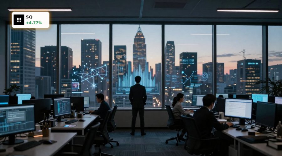 Block AI Restructuring concept with half-empty fintech office and tense staff after 40% job cuts