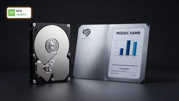 Seagate Convertible Notes concept with Seagate HAMR hard drive and bond certificate on dark studio background