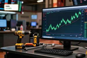 Stanley Black & Decker Earnings shown by rising stock chart beside premium power tools amid tariff concerns