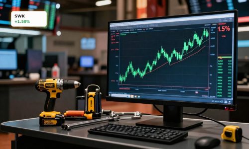 Stanley Black & Decker Earnings shown by rising stock chart beside premium power tools amid tariff concerns